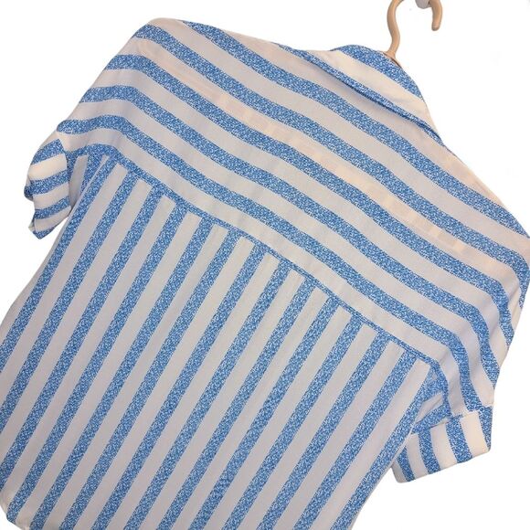 Womens Blue White Striped Print Batwing Sleeve Pocket Blouse Top S - Picture 4 of 11